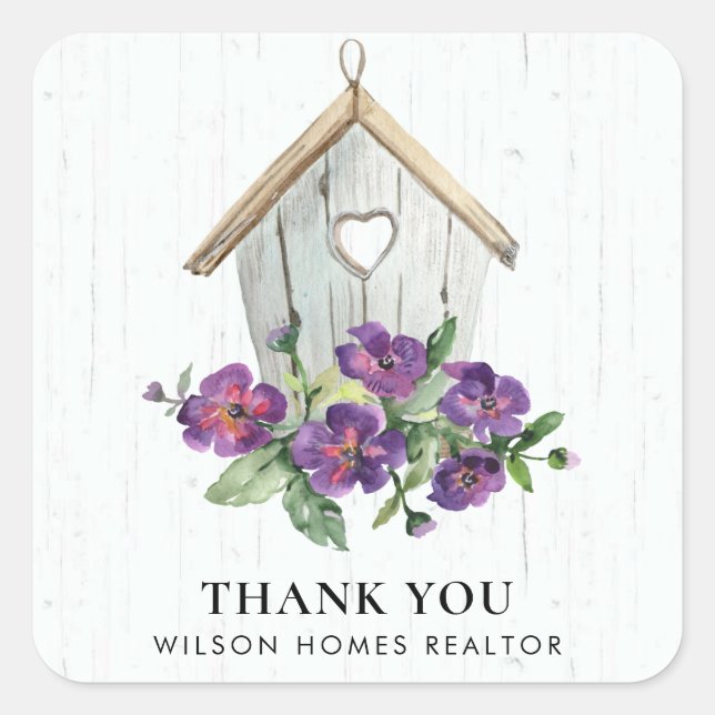 WHITE WOODEN FLORAL BIRDHOUSE THANK YOU REALTOR SQUARE STICKER (Front)