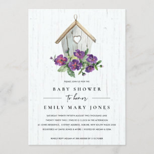 WHITE WOODEN RUSTIC FLORAL BIRDHOUSE BABY SHOWER INVITATION