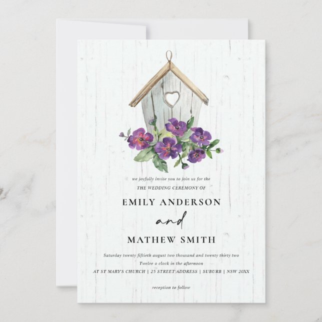 WHITE WOODEN RUSTIC FLORAL BIRDHOUSE WEDDING INVITATION (Front)