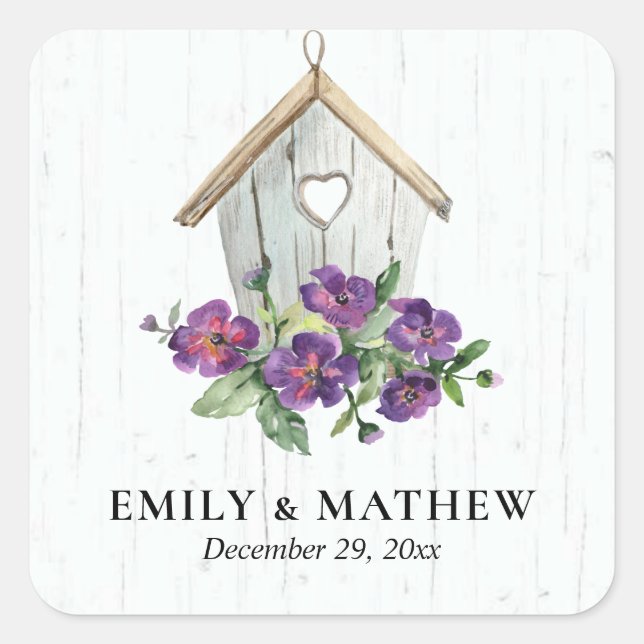 WHITE WOODEN RUSTIC FLORAL BIRDHOUSE WEDDING SQUARE STICKER (Front)