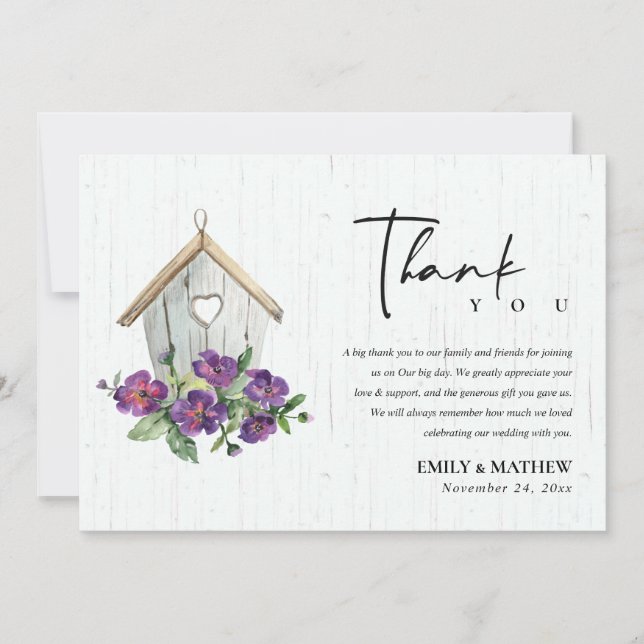 WHITE WOODEN RUSTIC FLORAL BIRDHOUSE WEDDING THANK YOU CARD (Front)