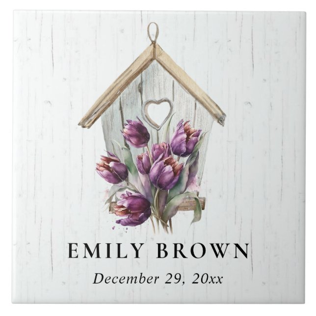 White Wooden Rustic Purple Tulip Floral Birdhouse  Tile (Front)