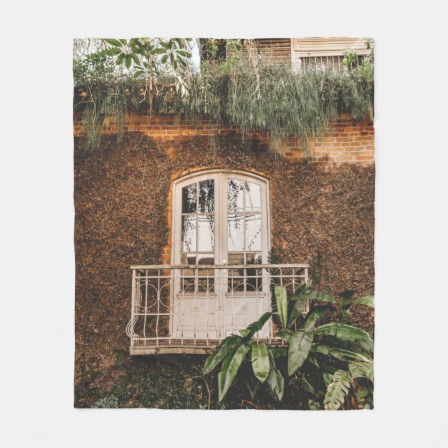 WHITE WOODEN WINDOW FRAME ON BROWN CONCRETE WALL FLEECE BLANKET (Front)