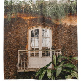 WHITE WOODEN WINDOW FRAME ON BROWN CONCRETE WALL SHOWER CURTAIN