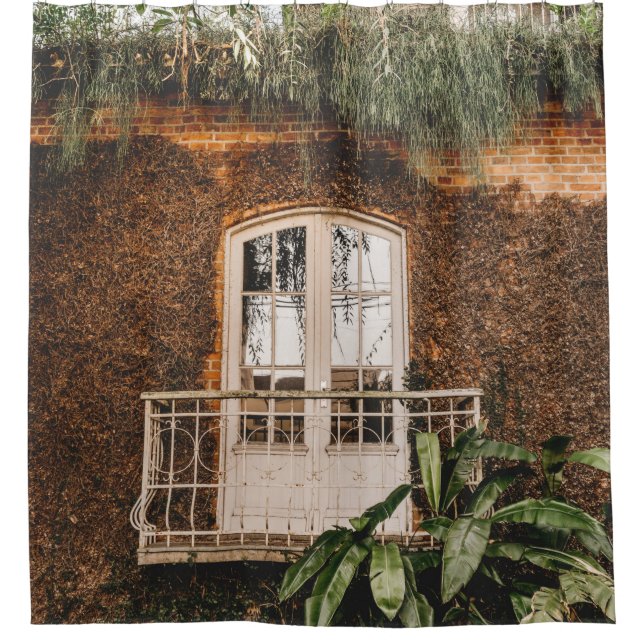 WHITE WOODEN WINDOW FRAME ON BROWN CONCRETE WALL SHOWER CURTAIN (Front)