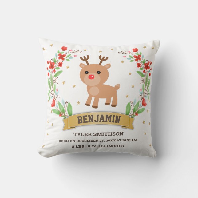 White Woodland Reindeer Baby Boy Birth Stats Cushion (Front)