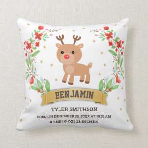 White Woodland Reindeer Baby Boy Birth Stats Cushion