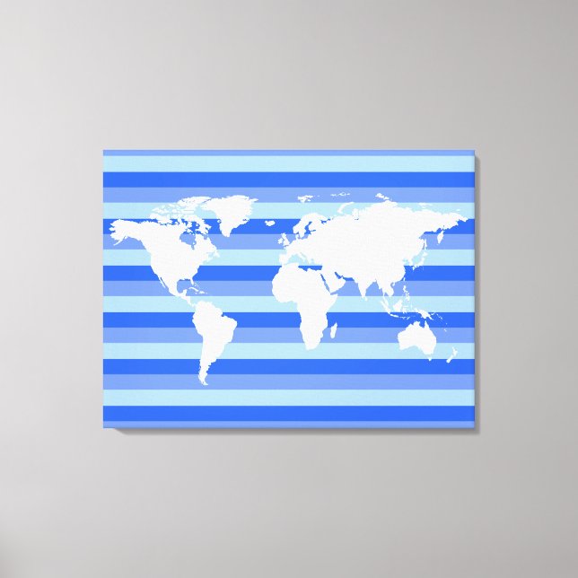 White World-map on blue striped Canvas Print (Front)