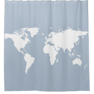 white world map on pale blue shower curtain