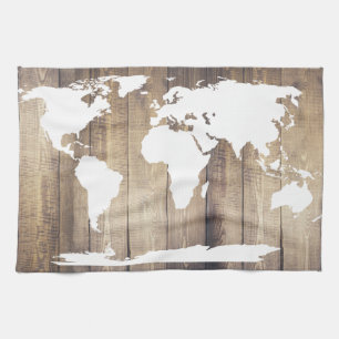 White World Map Rustic Wood Planks Tea Towel