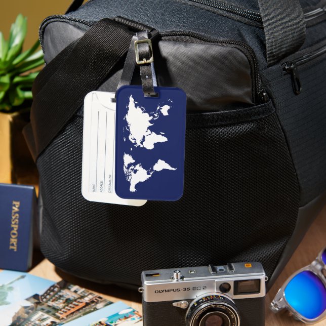 White WorldMap on Blue Luggage Tag (Front & Back)