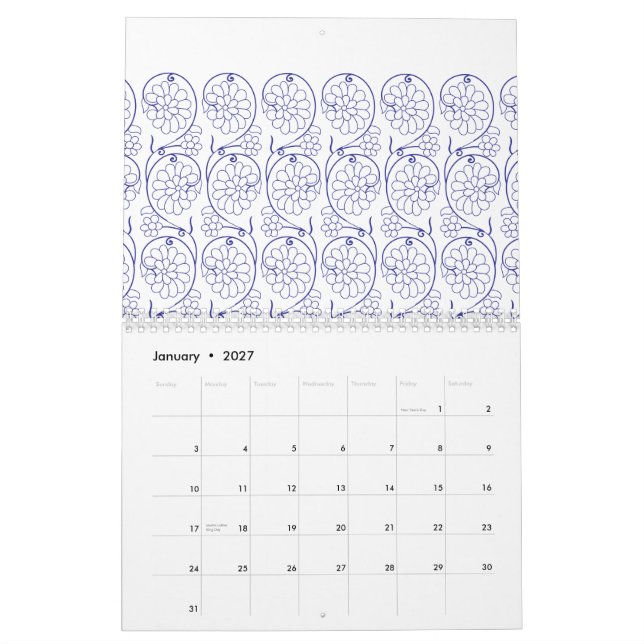 White wrapping paper with a subtle, repeating patt calendar (Jan 2027)