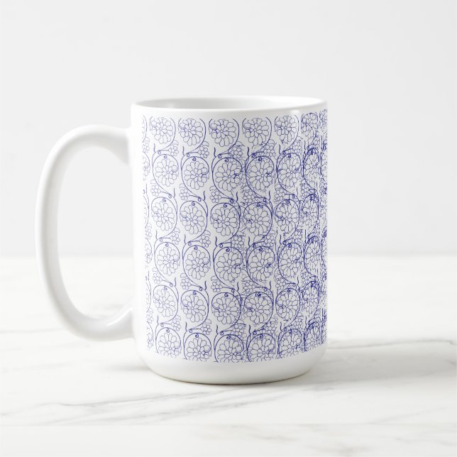 White wrapping paper with a subtle, repeating patt coffee mug (Left)