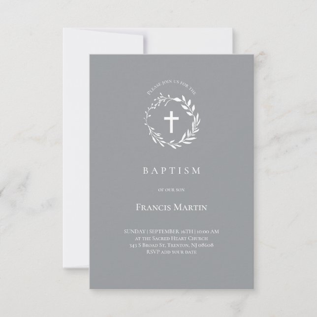 white wreath on grey | Baptism Invitation (Front)