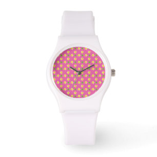 White Wristwatch Primroses and Polkas on Deep Pink