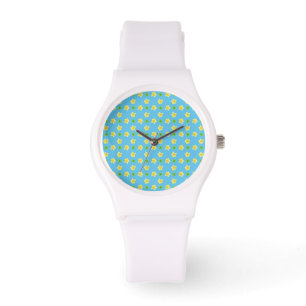 White Wristwatch Primroses and Polkas on Turquoise