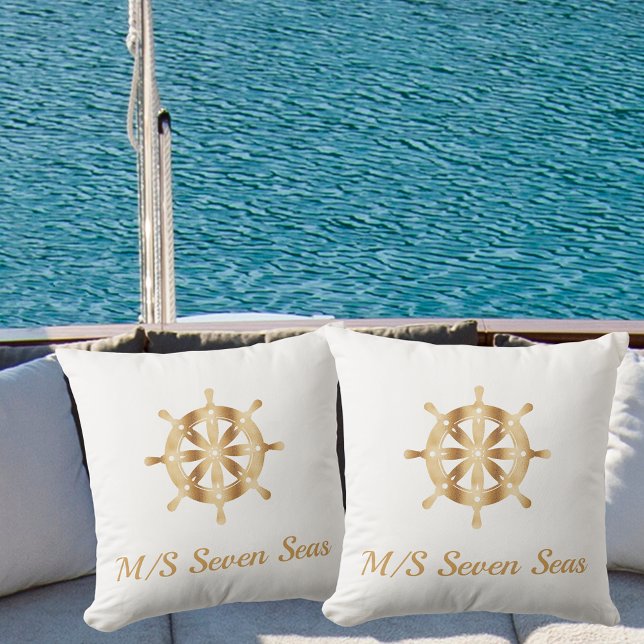 White yacht boat name gold steering wheel coastal cushion (Creator Uploaded)