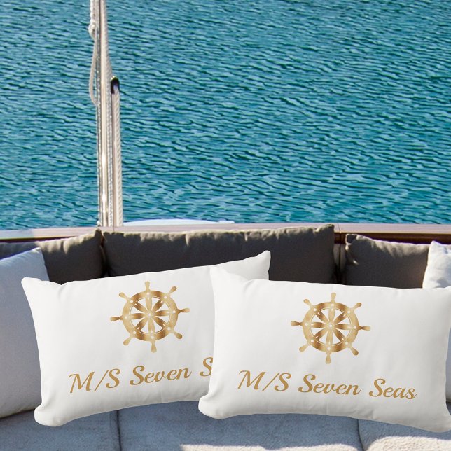 White yacht boat name gold steering wheel coastal lumbar cushion (Creator Uploaded)