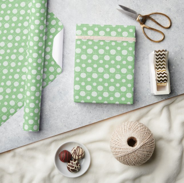 White Yarn Ball String Pattern on Green Wrapping Paper (Crafts)