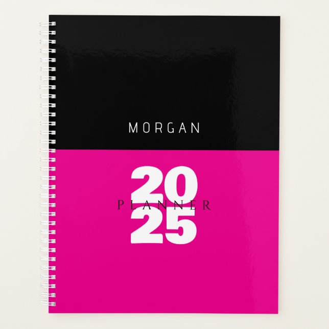 White Year & Name, Title, Black & Hot Pink Planner (Front)