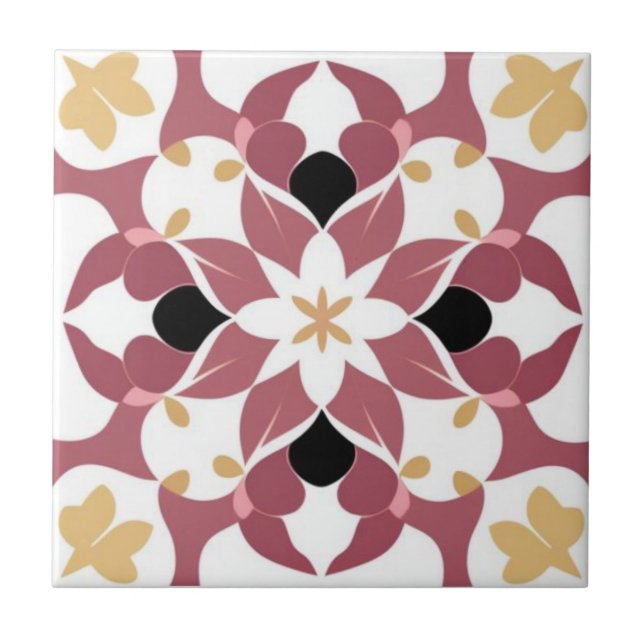 White, yellow, and dark pink floral tile (Front)