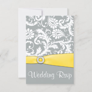 White Yellow and Grey Damask Wedding RSVP Cards