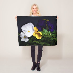 White Yellow and Purple Pansies Fleece Blanket
