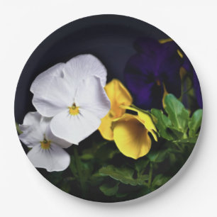 White Yellow and Purple Pansies Paper Plate