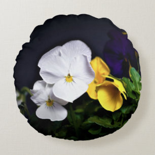 White Yellow and Purple Pansies Round Cushion