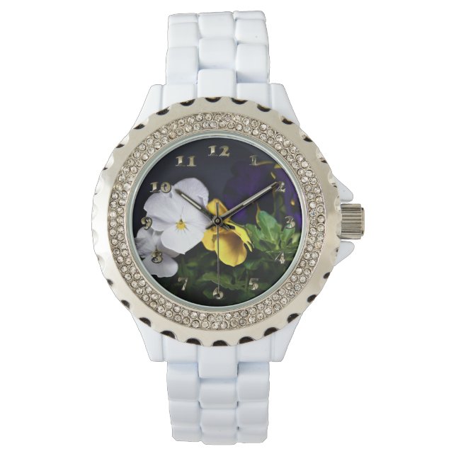 White Yellow and Purple Pansies Watch (Front)