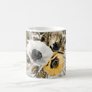 White, yellow anemones on a grey-brown background. coffee mug