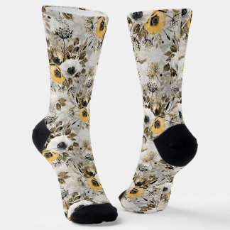 White, yellow anemones on a grey-brown background. socks