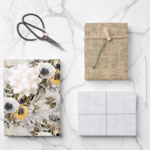 White, yellow anemones on a grey-brown background. wrapping paper sheet