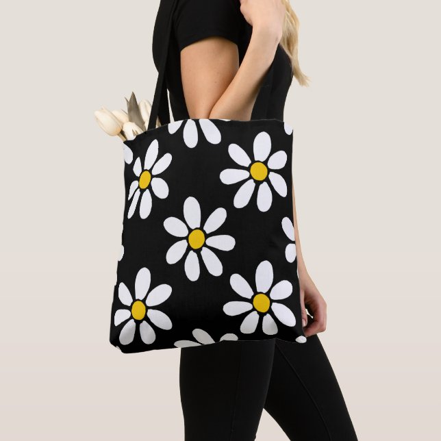 White Yellow Black Daisy Pattern Tote Bag (Close Up)