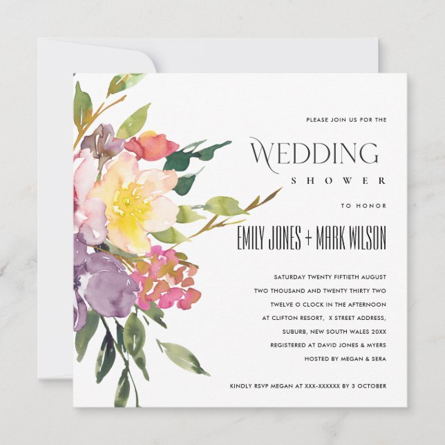 White Yellow Blush Burgundy Floral Wedding Shower Invitation (Front)