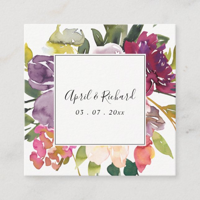WHITE YELLOW BLUSH BURGUNDY FLORAL WEDDING WEBSITE SQUARE BUSINESS CARD (Front)