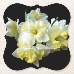 White Yellow Bouquet of Daffodils on Chic Black Paper Coaster