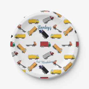 White Yellow Boys' Birthday Truck Pattern  Paper Plate