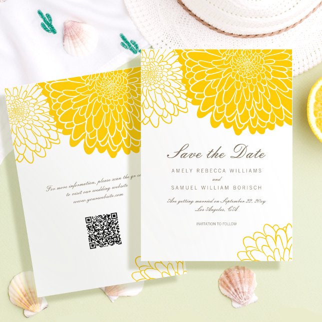 White Yellow Chrysanthemum QR Code Save the Date Invitation (Creator Uploaded)