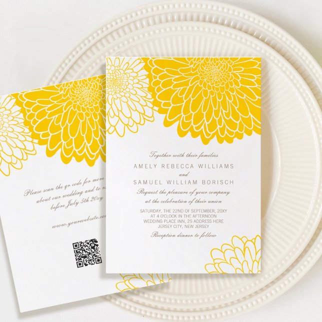 White Yellow Chrysanthemum Simple QR RSVP Wedding Invitation (Creator Uploaded)