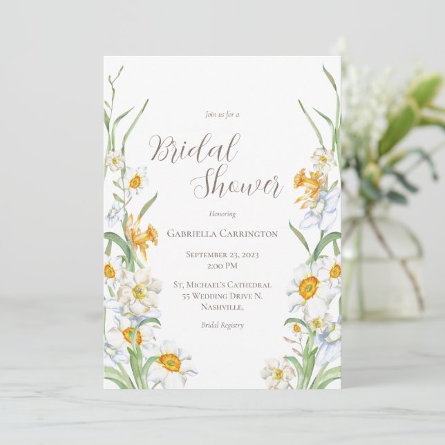 White & Yellow Daffodil Floral Bridal Shower Invit Invitation (Standing Front)