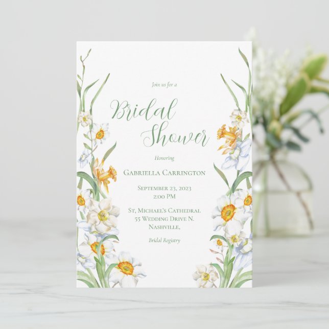 White & Yellow Daffodil Floral Bridal Shower Invitation (Standing Front)