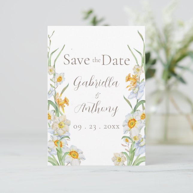 White & Yellow Daffodil Floral Brown Script  Save The Date (Standing Front)