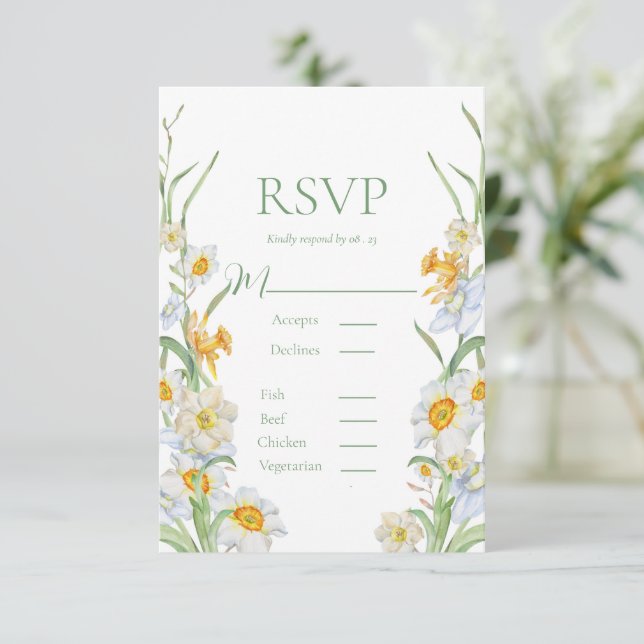 White & Yellow Daffodil Floral Frame Green Wedding RSVP Card (Standing Front)