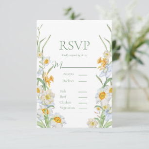White & Yellow Daffodil Floral Frame Green Wedding RSVP Card