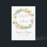 White & Yellow Daffodil Floral Green Script Save The Date<br><div class="desc">Pretty yellow and white Daffodil floral wreath done in soft watercolors are perfect for this spring and summer wedding “Save the Date” wedding reminder. Coordinating green script and typography. Customise as needed. To customise click the "customise further" link and use the design tool to make changes. Many different paper selections,...</div>
