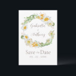 White & Yellow Daffodil Floral Save the Date<br><div class="desc">Pretty yellow and white Daffodil floral wreath done in soft watercolors are perfect for this spring and summer wedding “Save the Date” wedding reminder. Brown coordinating script and typography. Customise as needed. To customise click the "customise further" link and use the design tool to make changes. Many different paper selections,...</div>