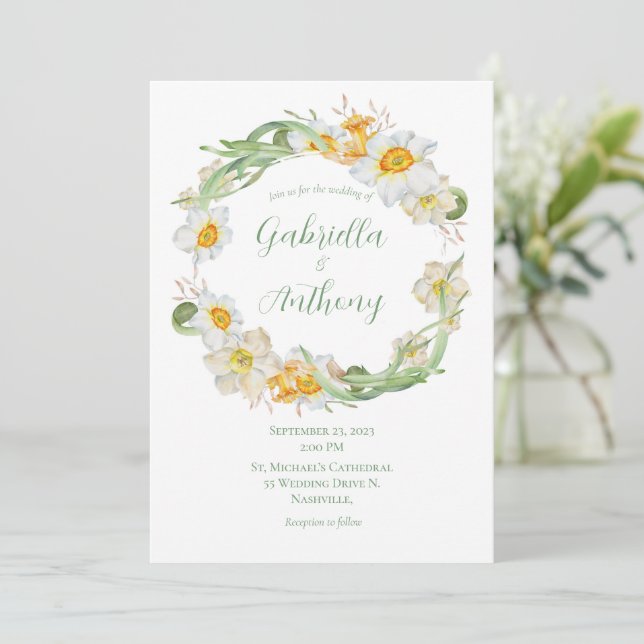 White & Yellow Daffodil Floral Wreath Wedding  Invitation (Standing Front)