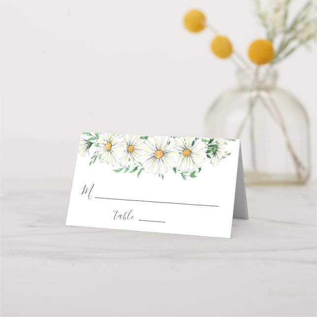 White Yellow Daisies Greenery Watercolor Floral  Place Card (Front)