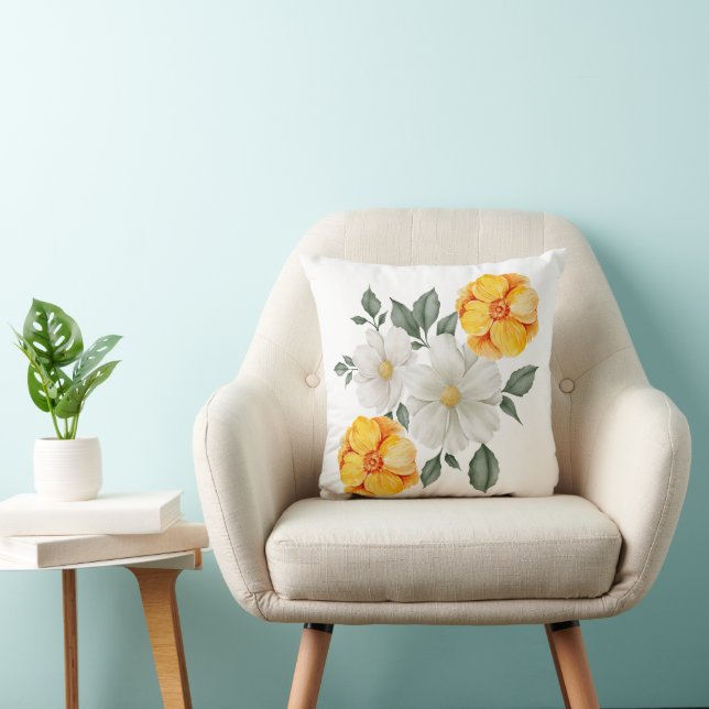 White Yellow Floral Flowers Greenery Accent Cushion (Chair)